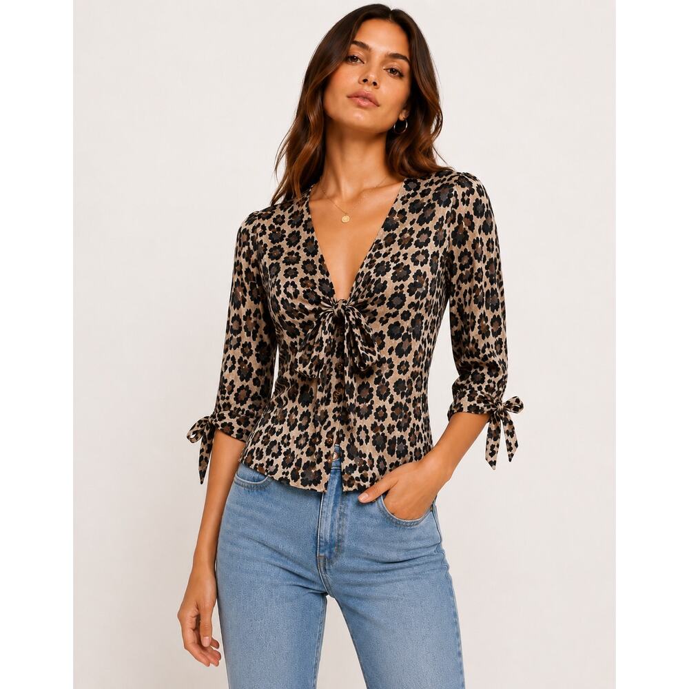 Maeva Leopard Print Tie Neck Blouse XS Animal Print Top